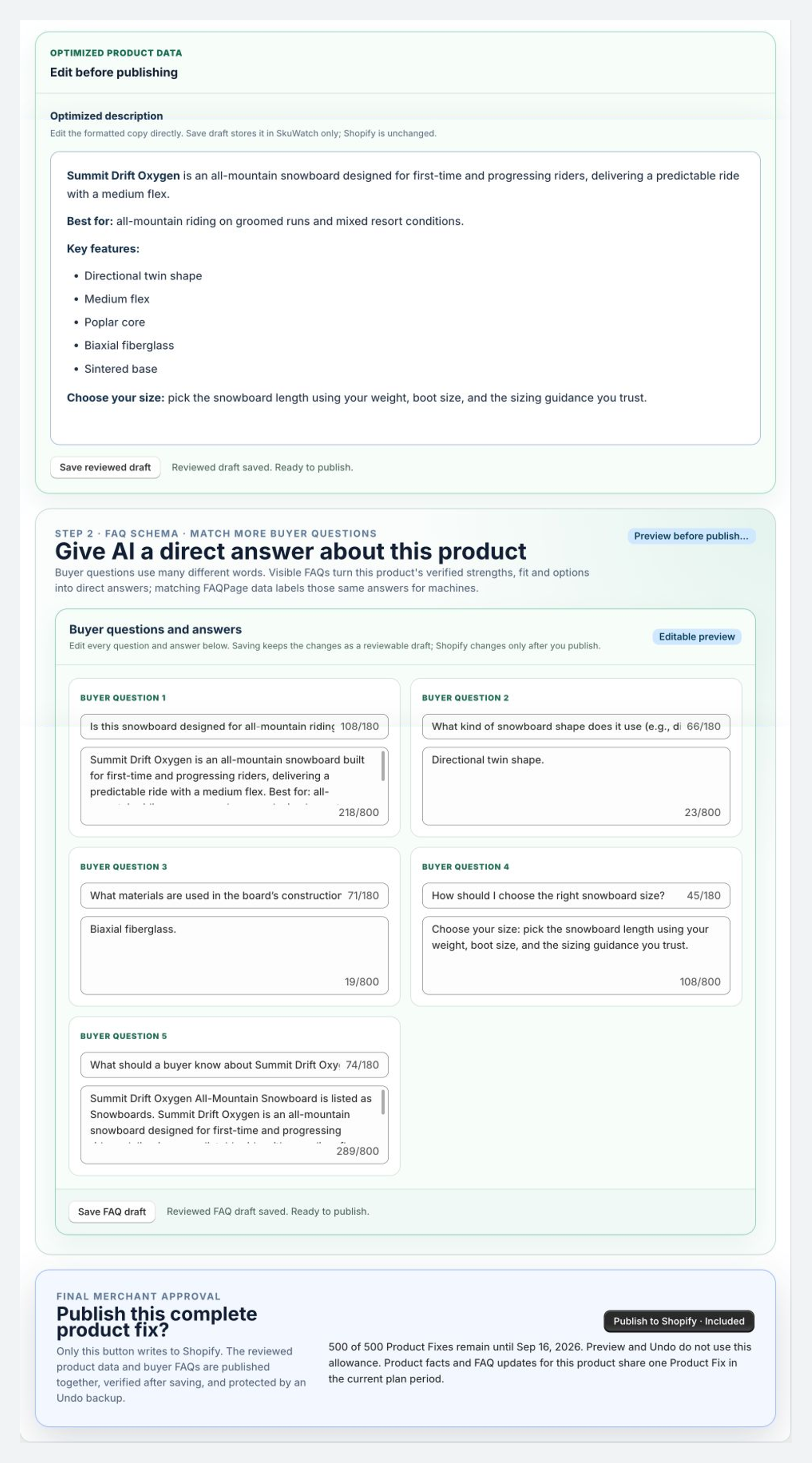 SkuWatch final Product Fix preview before Shopify publishing