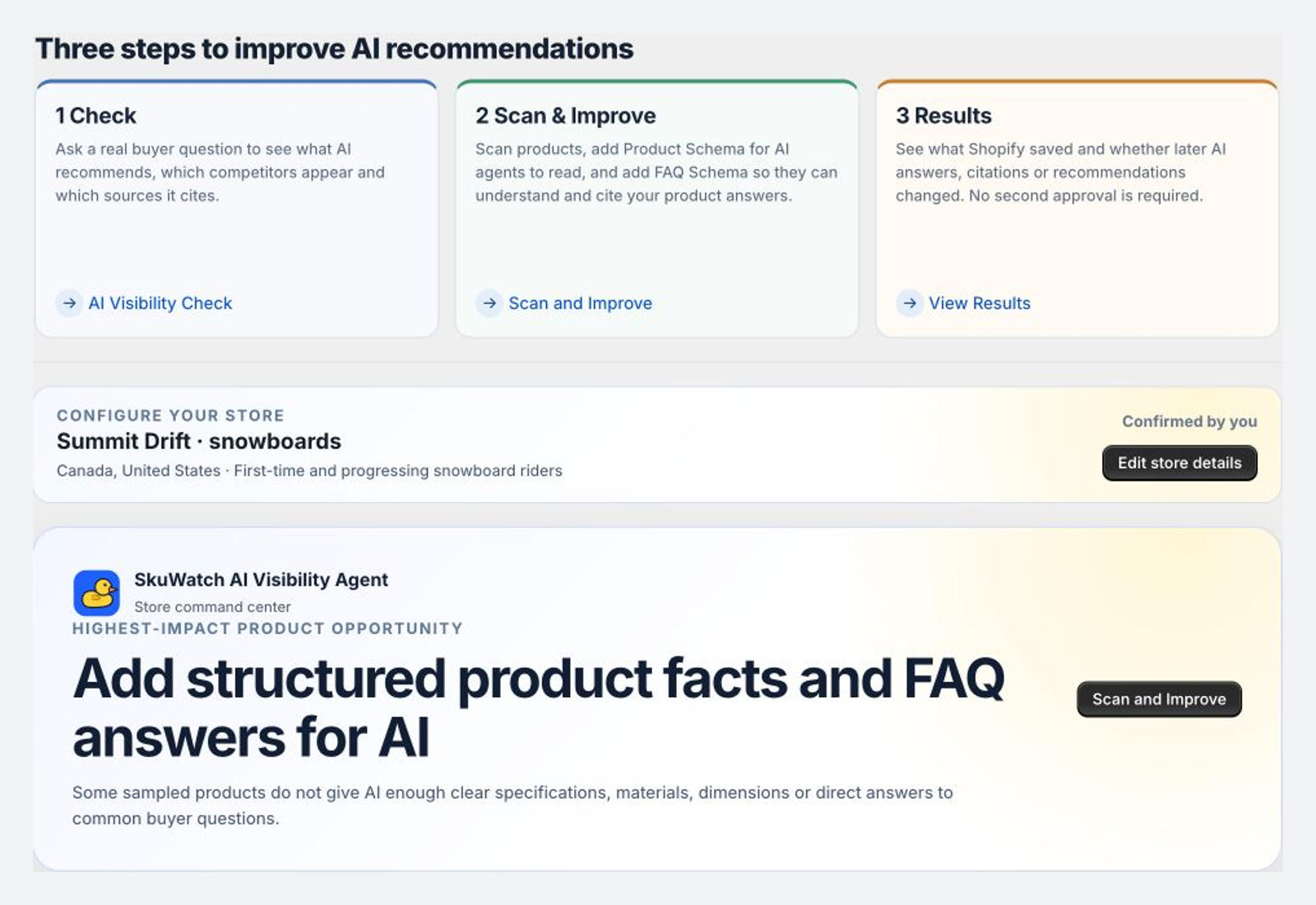 SkuWatch Home showing store configuration, workflow status, and priority action