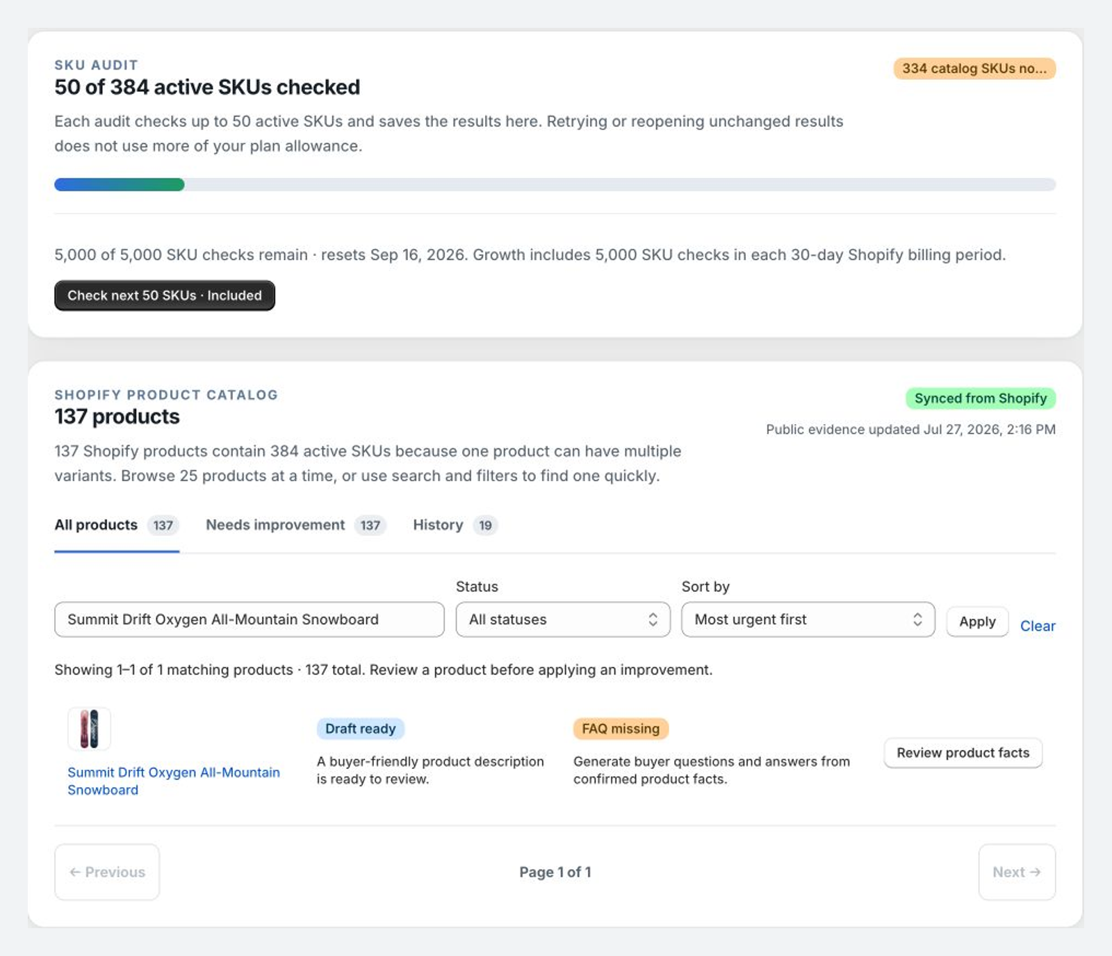 SkuWatch SKU Audit showing catalog progress and specific product gaps